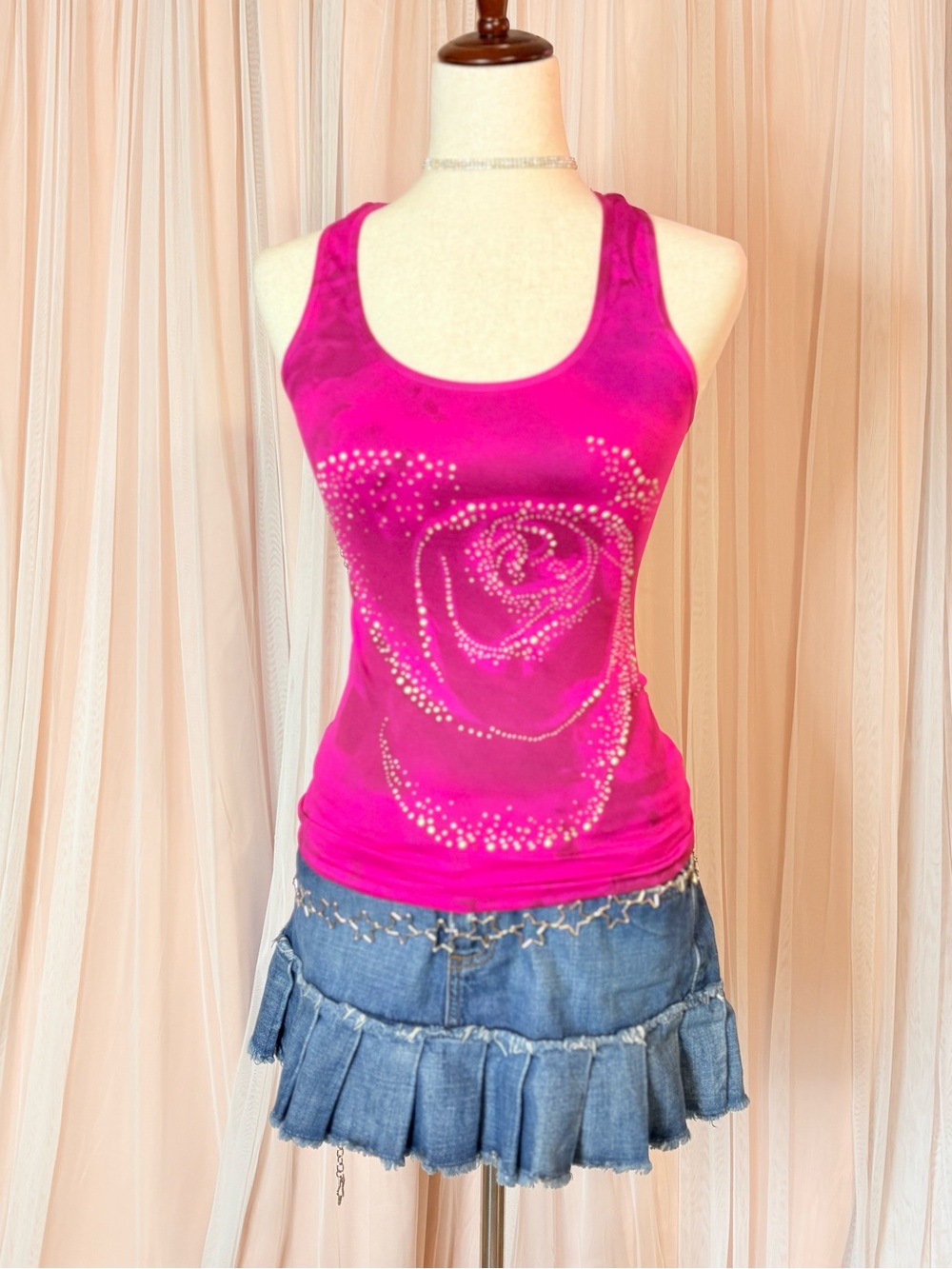Fuchsia True Y2K, vintage, Rhinestone Rose Tank Top - Women